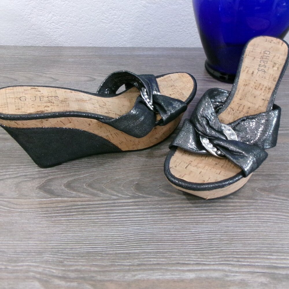 Near New GUESS Balasi Shimmery Black Silver Rhinestone Wedge Platform Shoes 9.5